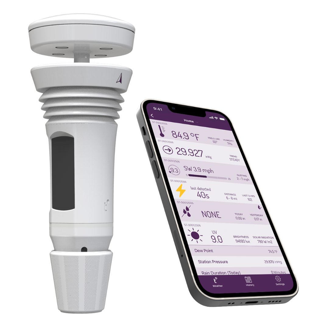 The Tempest Weather station next to a smartphone displaying the Tempest Weather App