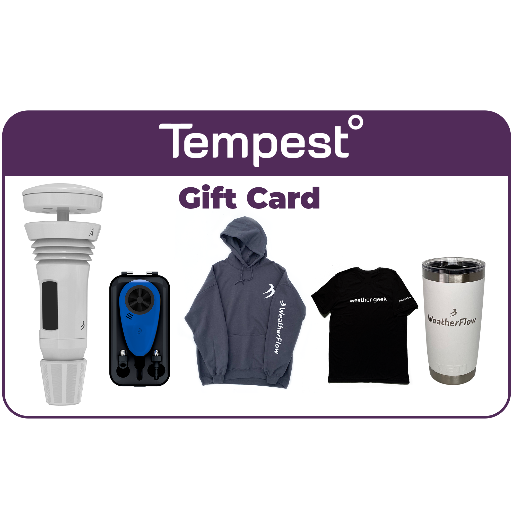 A Tempest branded gift card showcasing multiple Tempest products