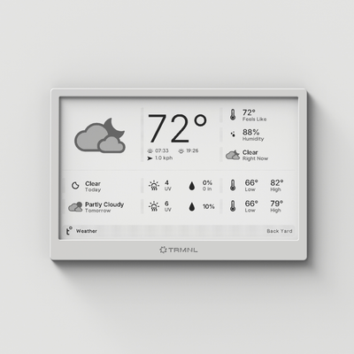 TRMNL device displaying weather information on a light gray background