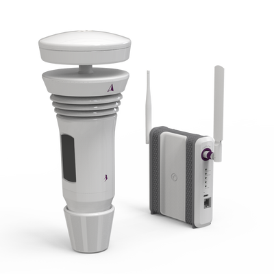 An image depicting the TempestOne Cellular Weather Station, consisting of a  sensor device with four solar panels and a separate cellular hub that has also a RJ45 connection