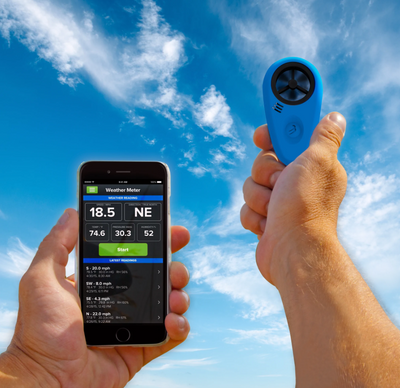  weathermeter and a smartphone displaying weather data on a sky background.