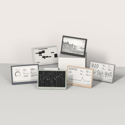Collection of TRMNL frames displaying various types of content on a white background