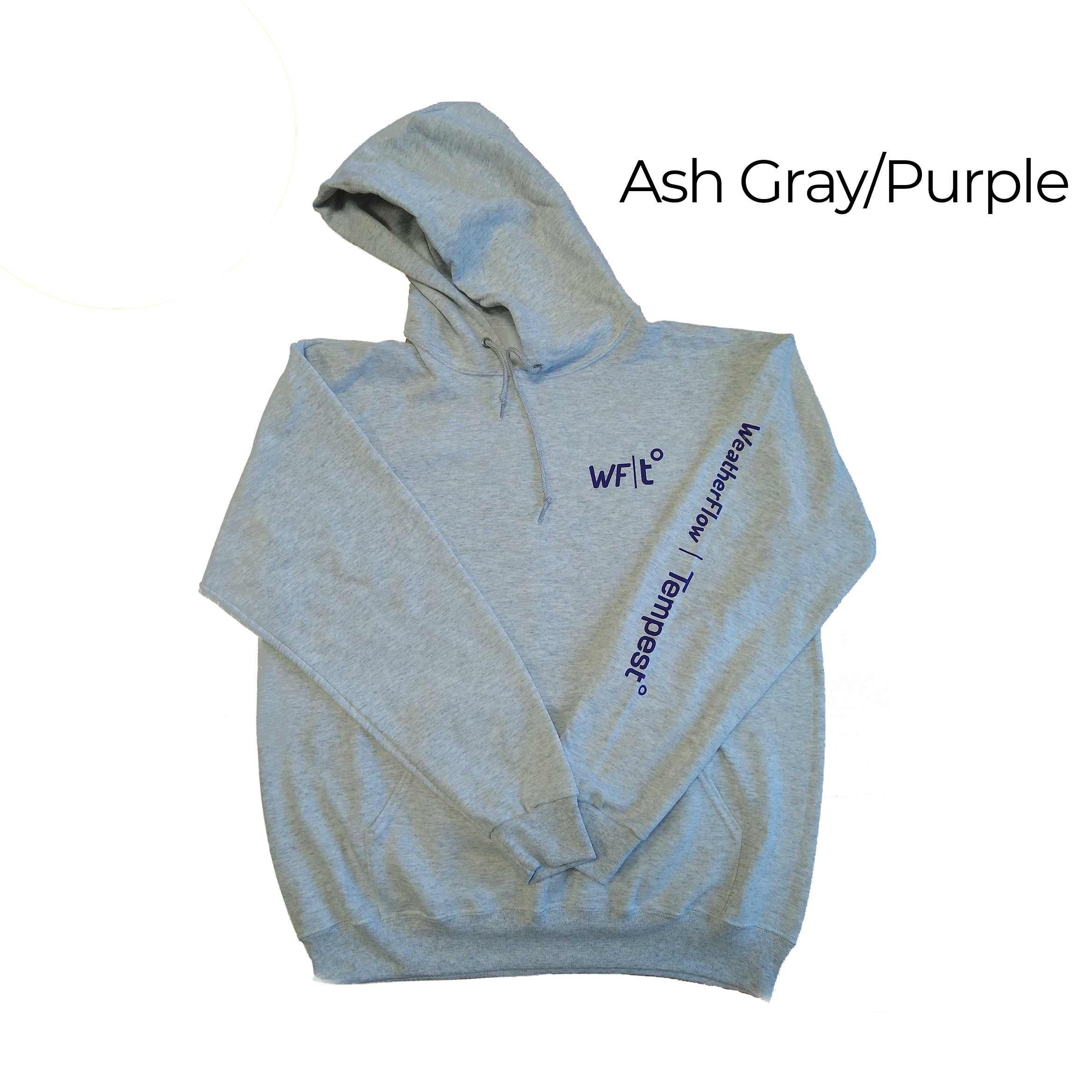 WeatherFlow long-sleeve hoodie in gray with purple lettering