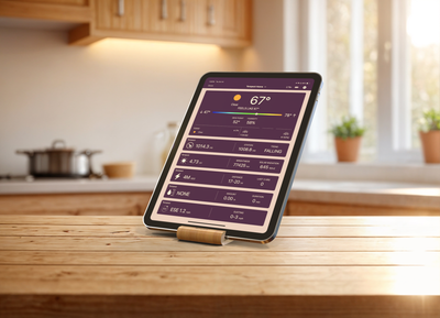 A tablet displaying the Tempest app sitting on a bamboo tablet stand on a table