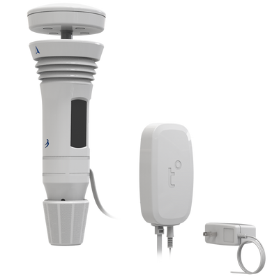 The Tempest Power Booster Accessory next to the Tempest Weather Station