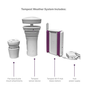 Tempest sensor device, Wi-Fi Hub, Flat base & pole mount, Hub power supply