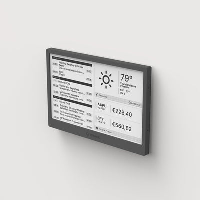 TRMNL screen on a white wall showing weather and stock information.