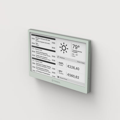 TRMNL display panel on a white wall showing weather, todo's and stock information.