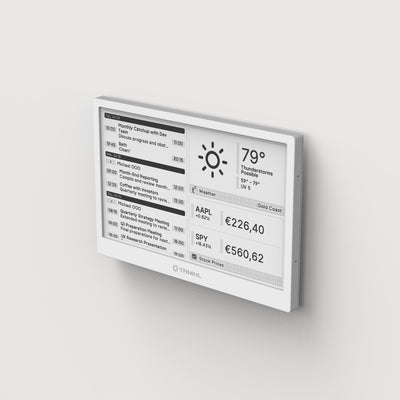 TRMNL display panel on a white wall showing weather, todo's and stock information.