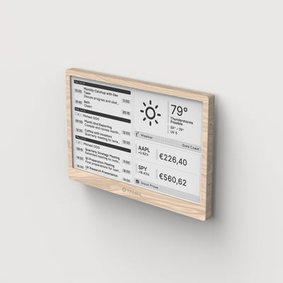 TRMNL display panel on a white wall showing weather, todo's and stock information.