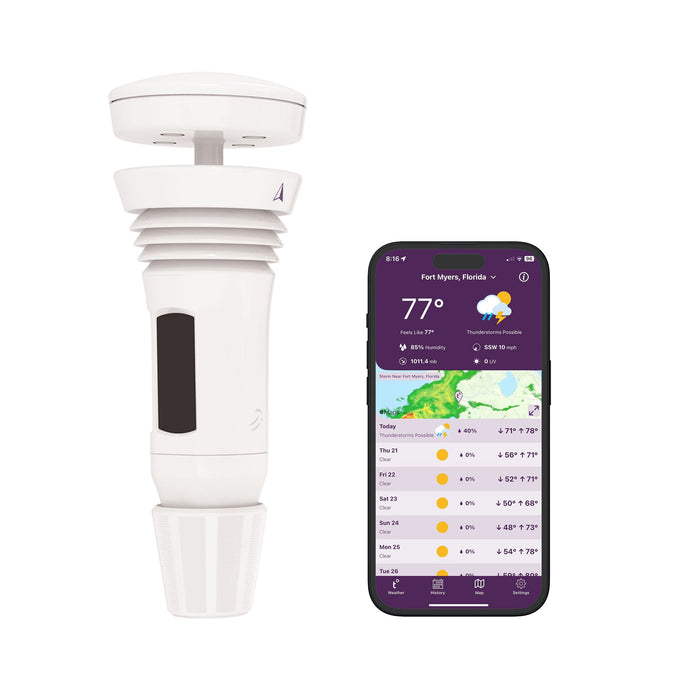 The Tempest Weather station next to a smartphone displaying the Tempest Weather App