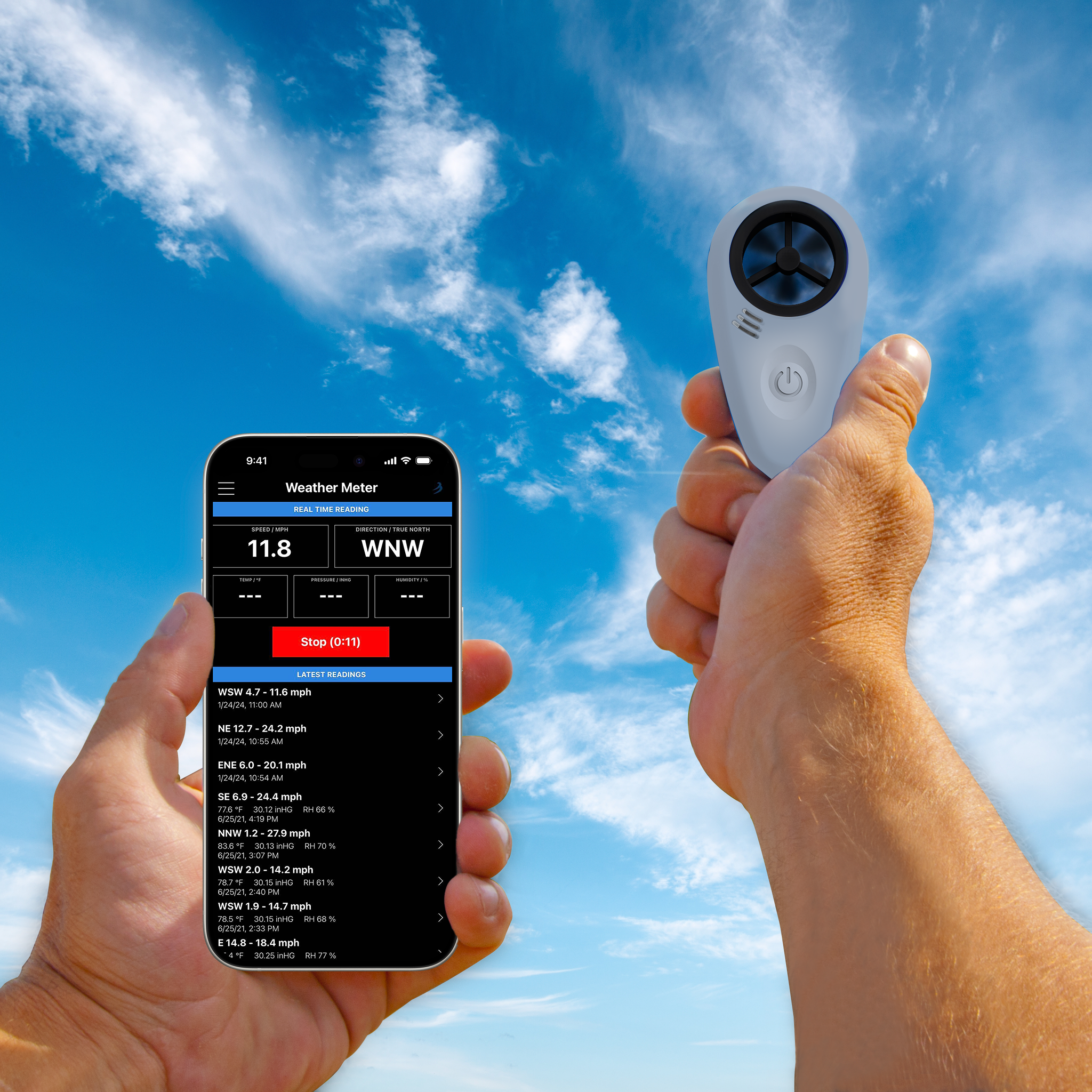 A hand holding the Tempest WINDmeter in the sky with another hand holding a smartphone with Tempest app