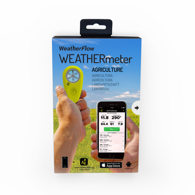 WEATHERmeter for Agriculture in packaging showing the meter next to a smartphone with dedicated application