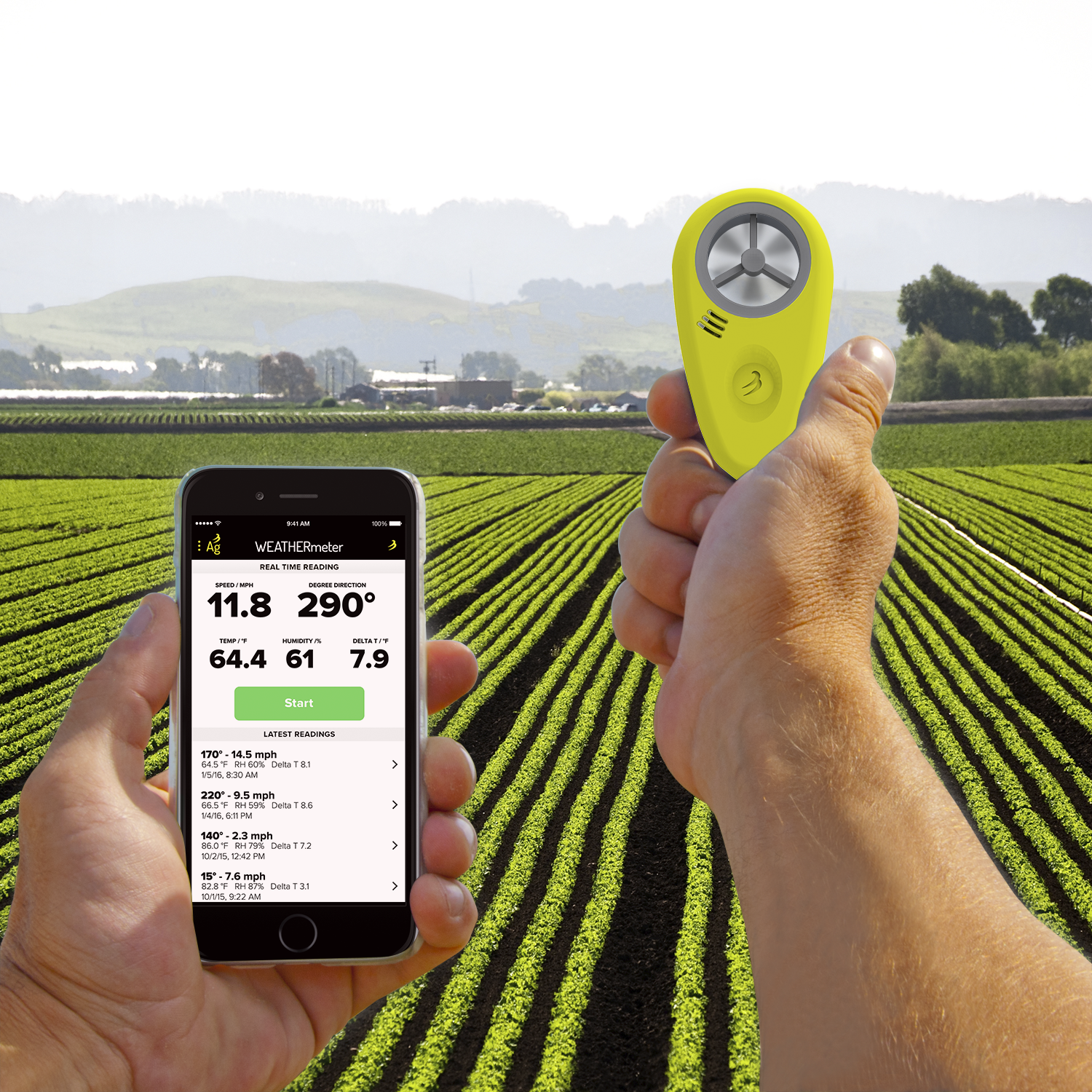 A hand holding the Tempest WEATHERmeter for Agriculture  and monitoring it on the WEATHERmeter app in front of a field